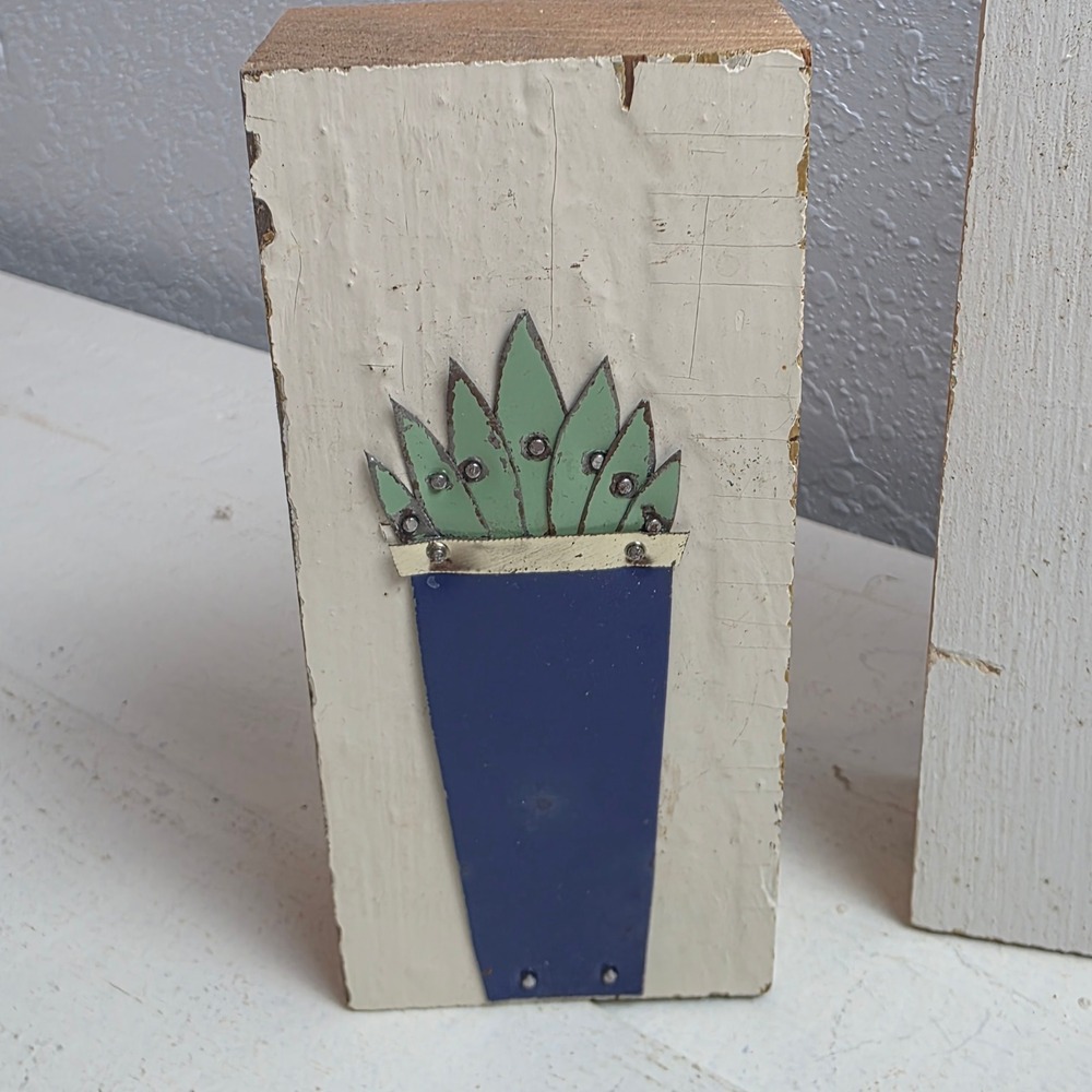 Handmade Rustic Wood Metal Succulent Cactus Wall Art Block Set of 3 Multicolor - Picture 2 of 7